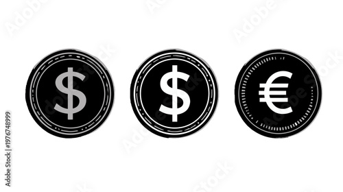 Set of three circular coin icons featuring dollar and euro symbols in black and white style isolated on a clean white background for business.
