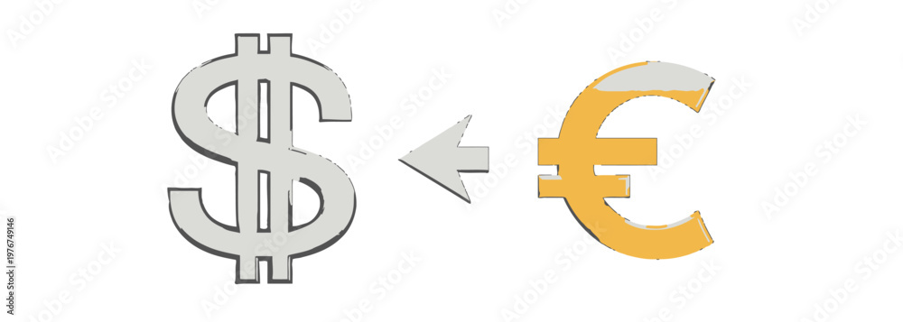 Obraz premium 3D rendered icons of a silver US dollar symbol and a gold European euro sign with a directional arrow representing global currency exchange.