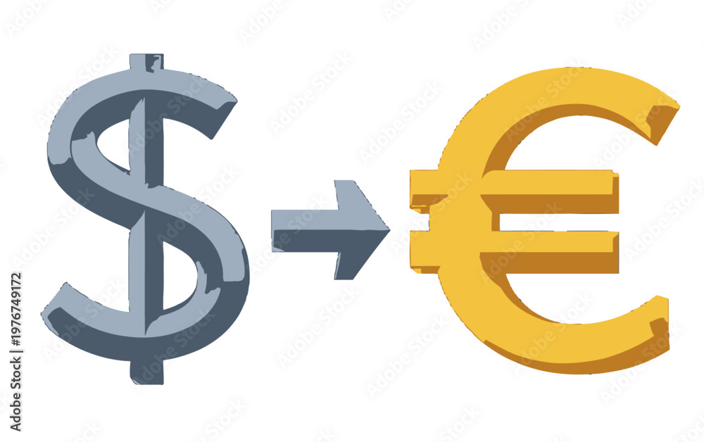 Fototapeta premium 3D illustration of a silver dollar symbol pointing to a golden euro symbol with an arrow representing international currency exchange rates.