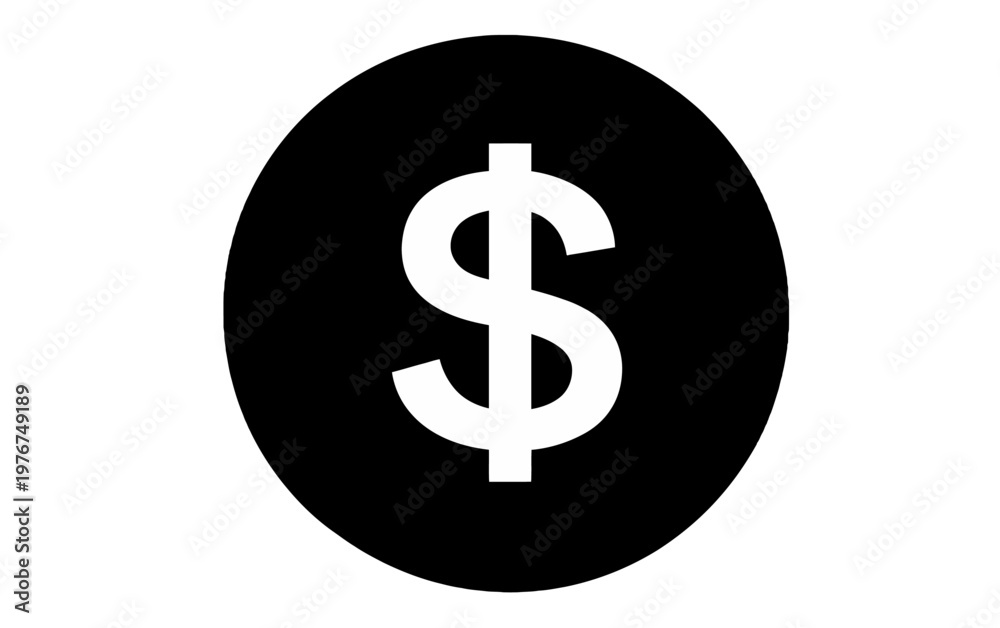 Fototapeta premium Minimalist black and white dollar sign icon inside a circle, representing currency, finance, banking, and wealth on a clean white background.