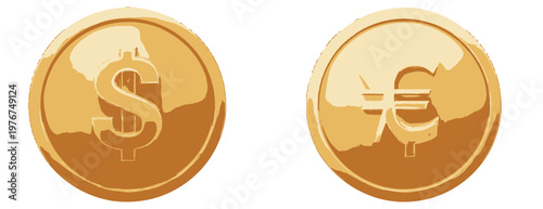 Shiny gold coins featuring the US dollar sign and Euro symbol isolated on a white background, representing international finance and global trade.