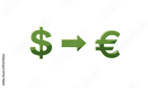 Professional financial graphic showing a green dollar sign converting to a euro symbol with an arrow, representing global currency exchange rates.