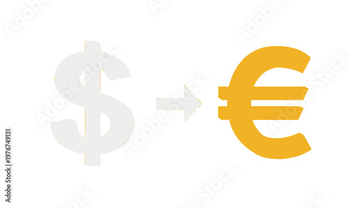 Minimalist illustration of a dollar to euro currency conversion process featuring a grey dollar symbol and a golden euro sign on white.