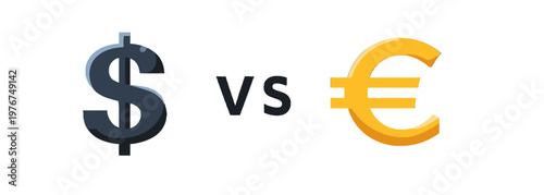 Dollar sign versus euro symbol illustration on white background representing currency exchange, global trade, and financial competition between nations.