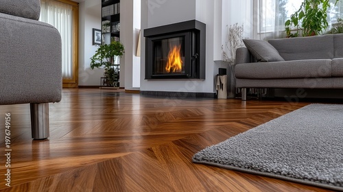 Contemporary living room ambiance showcasing a warm fireplace and stylish decor