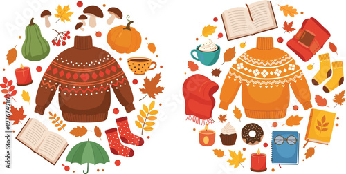 Cozy Autumn Lifestyle Elements Set with Sweaters Pumpkin Leaves Coffee Books and Seasonal Accessories Flat Vector Illustration Collection