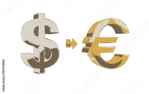 Illustration of a silver dollar sign converting to a golden euro symbol with a directional arrow, symbolizing global trade and foreign exchange.