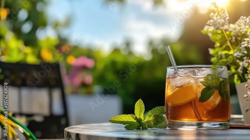 Refreshing iced tea with mint and orange slices on a serene outdoor table
