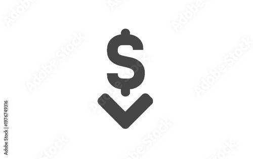 A black dollar symbol with a downward pointing arrow icon isolated on a white background signifying cost reduction, falling prices, and market loss.