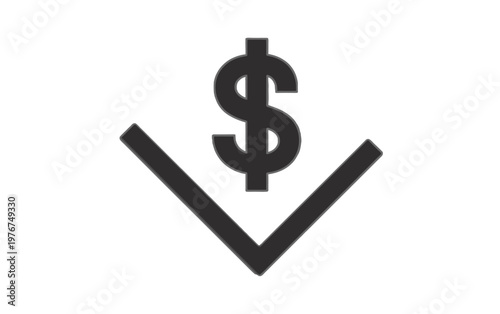 Minimalist black dollar sign symbol with a downward pointing arrow indicating price reduction, cost savings, and financial loss on a plain background.