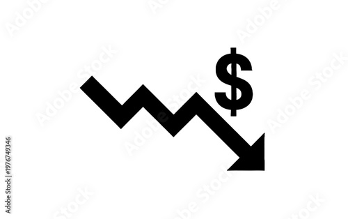 Minimalist black vector icon showing a decreasing financial graph with a dollar symbol indicating economic downturn and market loss on white.