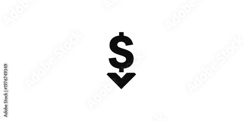Minimalist black dollar sign icon with a downward pointing arrow representing financial loss, economic decline, and price drop on a white background.