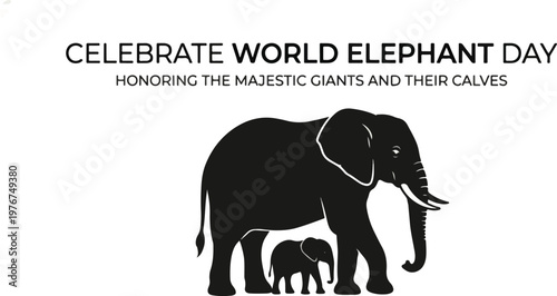  Celebrate World Elephant Day 2026 Silhouette Vector SVG Clean Black and White Mother and Baby Calf Cut File 