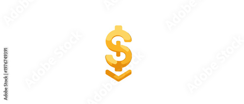 Minimalist golden dollar sign symbol with a downward pointing arrow indicating financial decline, market crash, and falling currency values.