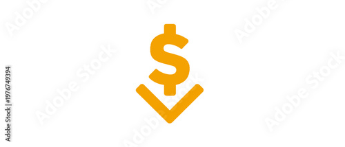 Minimalist orange dollar symbol with a down arrow indicating falling prices, currency devaluation, and financial crisis on a white background.