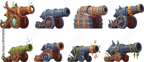 Fantasy Game Cannon Set with Wooden Stone and Metal Weapons Cartoon Style Medieval Battle Artillery Vector Illustration Collection