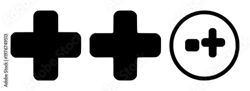 Plus add icon set with solid black plus symbol on white background featuring plus, add, icon elements with graphic and navigation