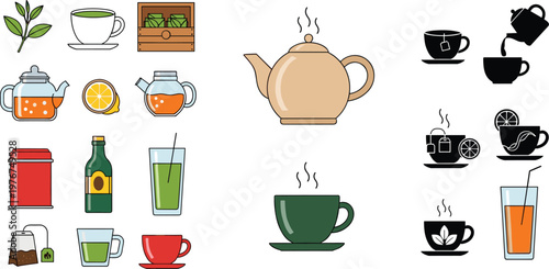 Tea and Beverage Icon Set with Teapot Cups Herbal Drinks Lemon Infusion and Hot Drink Elements Flat Vector Illustration Collection