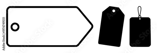 Price discount tag set with solid black icon on white background featuring discount label, price tag, sale sign with commerce and savings