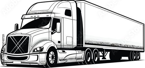 Black and white illustration of a modern semi truck with a trailer.