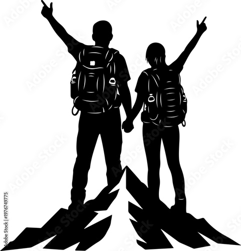 Male and female hiker couple standing on mountain peak