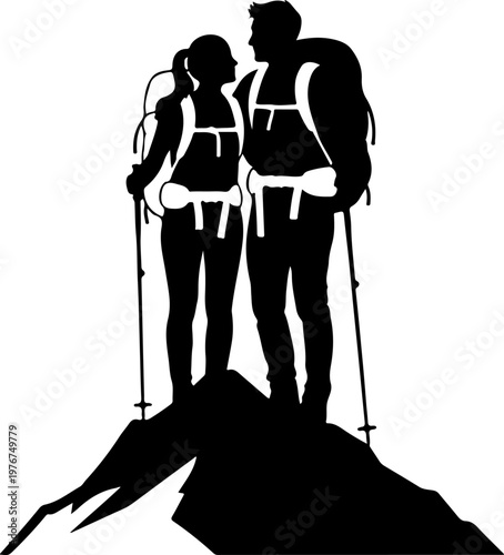 Male and female hiker couple standing on mountain peak
