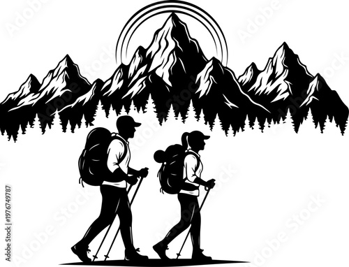 Male and female hiker couple standing on mountain peak
