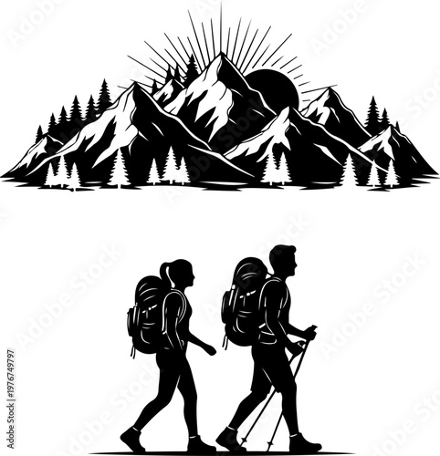 Male and female hiker couple standing on mountain peak