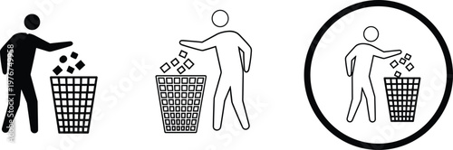 Set of keep tidy icons featuring person throwing garbage in trash bin silhouettes and outlines for litter disposal environmental cleanliness and waste management signs.