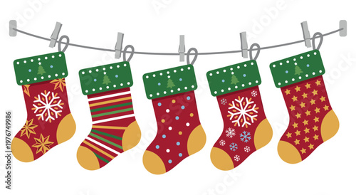 Variety of Christmas stockings in red and green, decorated with snowflakes, stars, stripes, and polka dots. Holiday cheer and festive spirit.