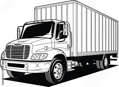 Black and white line art illustration of a heavy duty box truck.