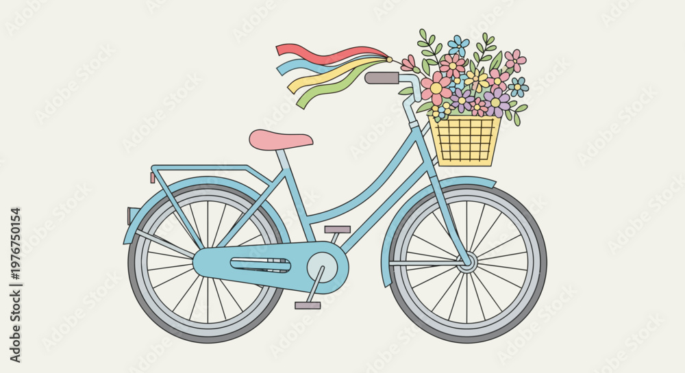 Fototapeta premium A cartoon-style blue bicycle with a flower-filled basket, ribbons, and a pink seat