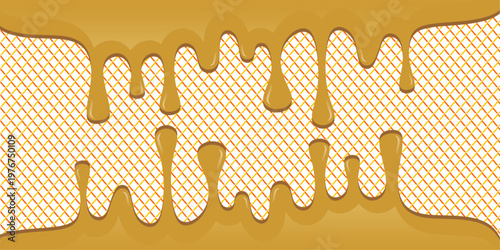 Hot chocolate drip illustration. Melting chocolate on waffle background. Drippy ice cream vector design. Wavy choco melt border. Brown chocolate drips illustration.