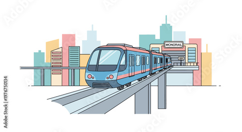 Cartoon monorail train traveling elevated, passing station, and city skyline in background