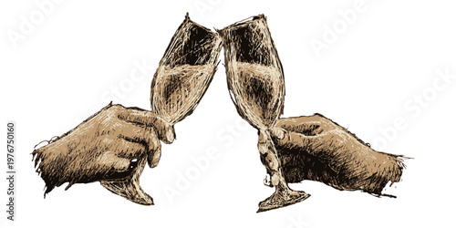 A detailed sepia sketch showing two hands holding elegant champagne flutes together for a celebratory toast on a clean white background.