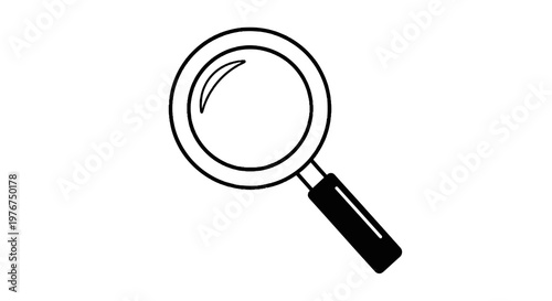 A black and white line drawing of a magnifying glass angled to the right