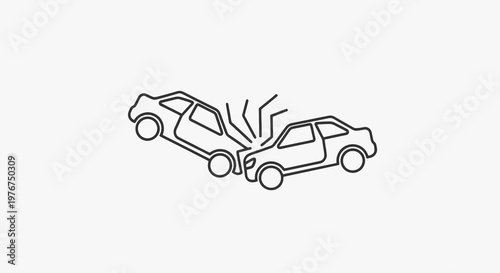 Linear drawing of two cars colliding, showing impact and shattered glass
