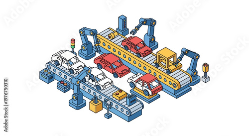 Isometric view of a car assembly line with robots and conveyor belts