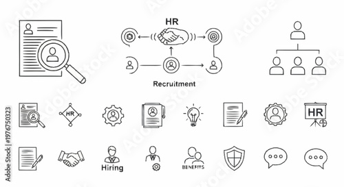 Human Resources and Recruitment Process Icons Set in Doodle Style.