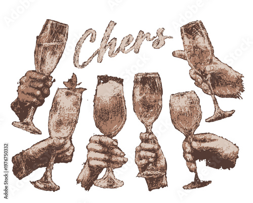 Artistic sepia engraving illustration featuring several hands holding champagne flutes in a celebratory toast gesture for a festive party event.