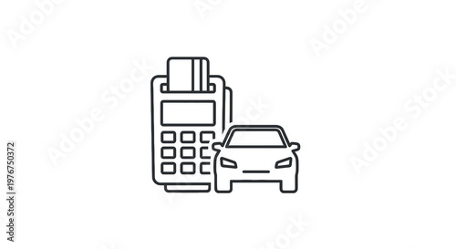 Simple line-drawn image of a payment terminal with a credit card and a car