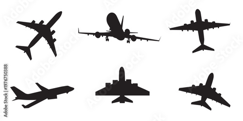 Airplane silhouette icon set in different flight angles