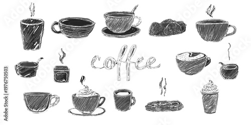 Artistic charcoal sketches of diverse coffee mugs, espresso cups, and sweet treats with elegant cursive lettering on a clean white background.