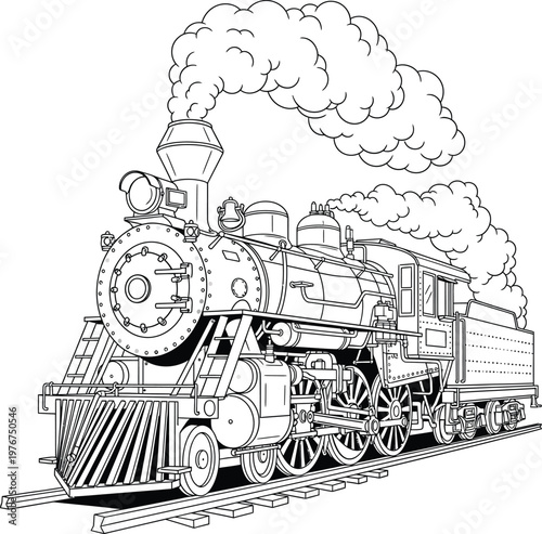 Black and white line art illustration of a vintage steam locomotive train.