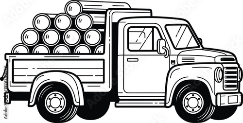 Black and white line art illustration of a vintage pickup truck carrying logs.
