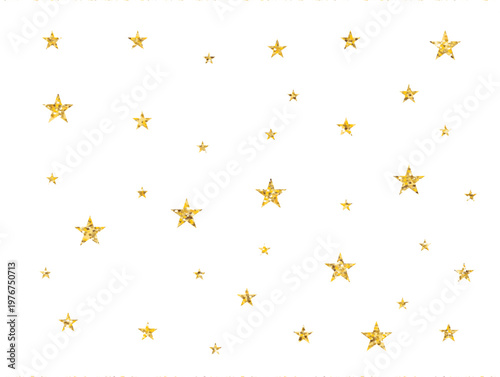 Golden glitter star pattern sparkling confetti decorative background for festive holiday celebration greeting card on white background
