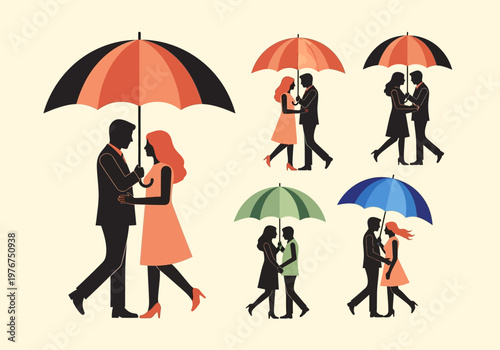 Set of Romantic Couple Silhouettes Under Colorful Umbrellas. Flat Vector Illustration of Lovers Sharing Shelter, Symbolizing Love, Protection, and Togetherness.