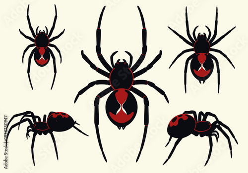 Black Widow Spider Illustration Set with Red Hourglass Markings - Collection of Venomous Arachnids and Toxic Spiders in Various Poses for Halloween and Educational Design