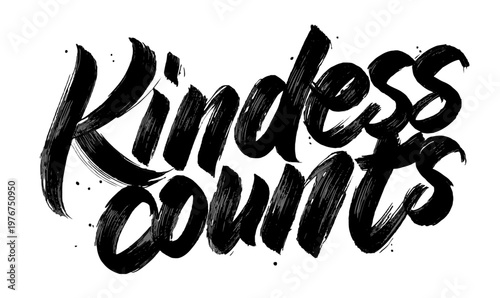 Hand-drawn brush lettering of the phrase Kindness Counts in black ink on a white background, perfect for inspirational and motivational designs.