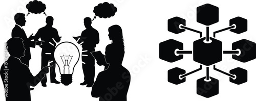 Conceptual illustration depicting teamwork collaboration and innovative ideas represented by a glowing lightbulb silhouette